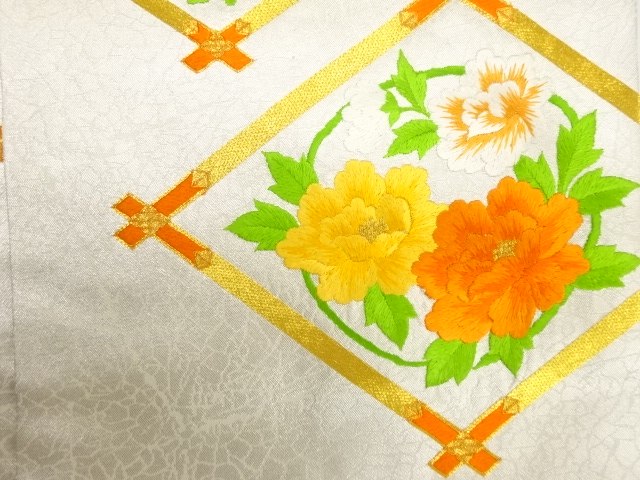 アンティーク　斜め格子に牡丹・菊模様刺繍名古屋帯